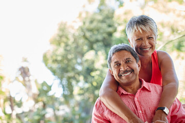Fototapeta premium Love, senior couple and hug outdoor for loyalty, portrait and commitment to partner in garden. Retirement, happy man and woman embrace for strong relationship, support and connection in Mexico