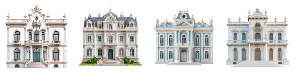 Naklejka premium Stunning collection of highly detailed and ornate Baroque style mansions palaces and historic buildings with intricate architectural features decorative elements and elegant facades