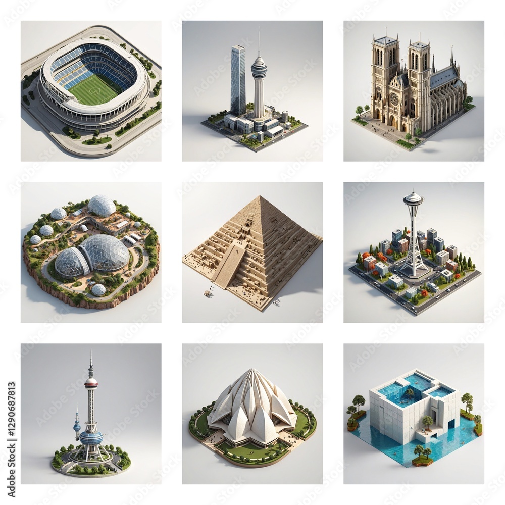 Poster this image showcases a collection of famous landmark buildings from around the world. isometric styl
