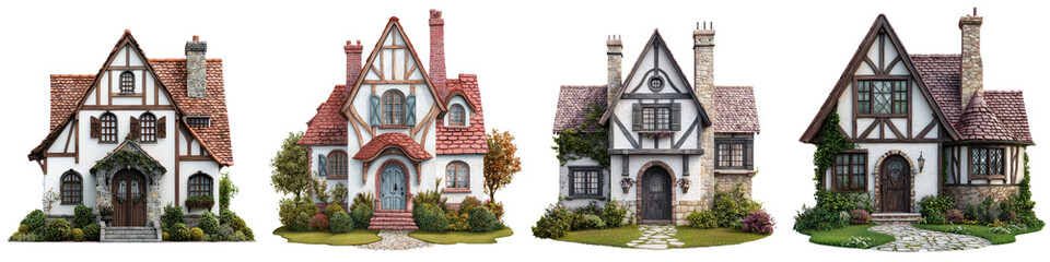 Obraz premium Collection of picturesque Tudor style cottages with ornate architectural details nestled in a lush rural landscape These historic