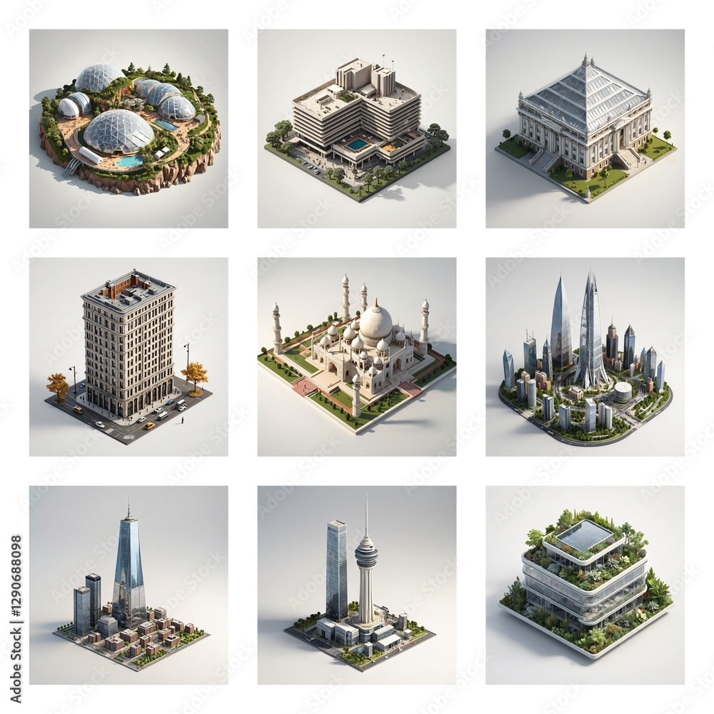 Poster famous building collection features landmark architecture. various building styles are showcased in 