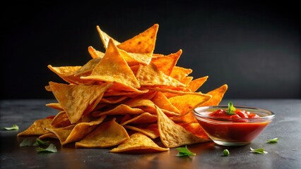Fototapeta premium Pile of Nacho Chips with Spicy Sauce on Black Background, pile, dark background, pile,dark background, food, spicy sauce