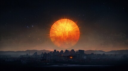 Fiery Cityscape Sunset  Dramatic Night Sky  AI Art  Halloween