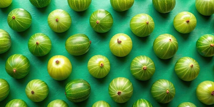 Fresh amla emblica Indian gooseberry fruits arranged in a pattern on a green vegetable background, showcasing vibrant colors and textures, Fresh Fruits, Vegetables