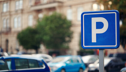 Blue metal city street parking sign, blurred cars in background. Urban car park space, traffic