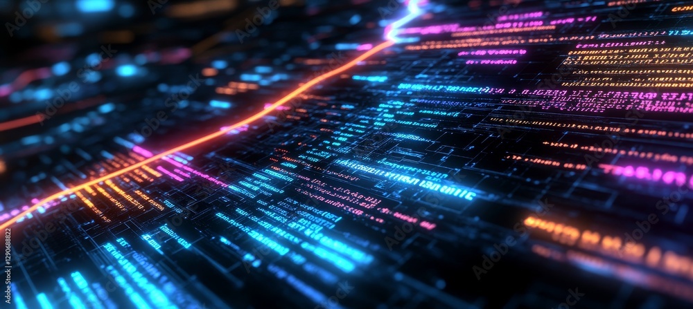 Poster abstract, vibrant a futuristic representation of data flow. code in motion on geometric.