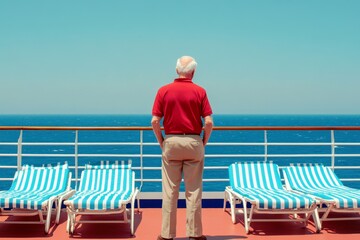 Fototapeta premium Elderly man enjoying peaceful moment at sea, looking out over ocean waves from cruise ship deck with sunlit lounge chairs in the background