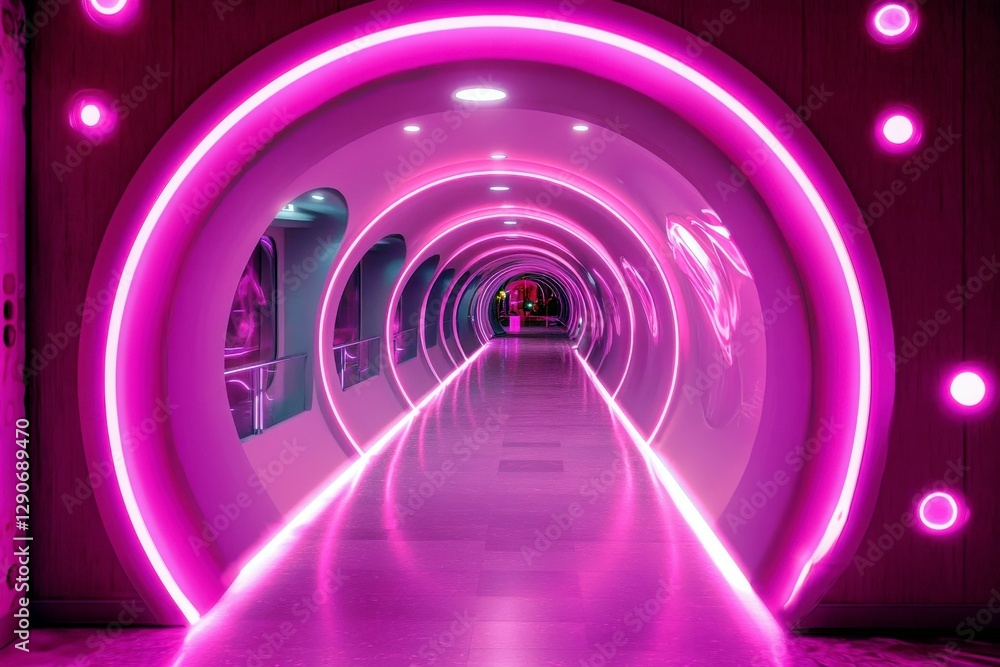 Poster modern futuristic hallway with vibrant pink neon lights and rounded architecture creating a visually