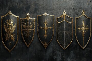 Fototapeta premium Escudos de Oro: Defensa Dorada en Fondo Abstracto de Metal Negro