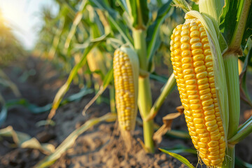 Corn on the stalk in a field, concept: agriculture, harvest season,