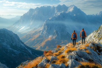 Two people are hiking on a mountain range with bright blue sky
