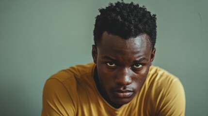 Obraz premium Expressionless African American Man Posing with Calm Expression, Copy Space