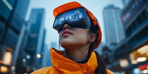 Female architect wearing vr headset visualizing singapore skyline at dusk