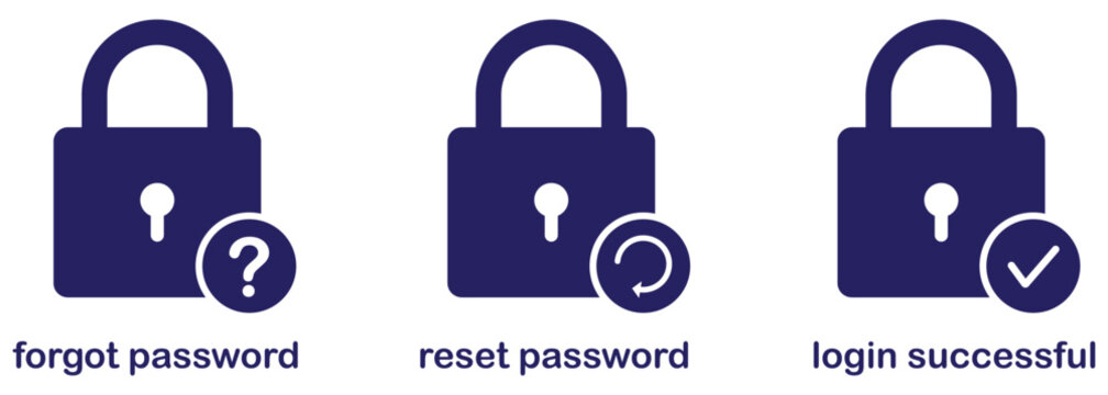 Forget password icon. Reset password icon. Login successful icon. Password security icons for forgot password reset and login access.  Password security icons for authentication and access control.