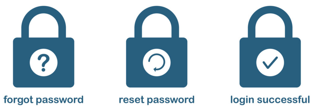 Forgot password, reset password and login successful icons for privacy. Forget password icon. Account protection, security key, danger warning, wrong password. Secure login icons for password.