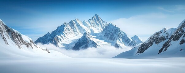 Vast mountain landscape with deep snowdrifts, sharp ridges, and icy cliffs, emphasizing the rugged and wild beauty of winter