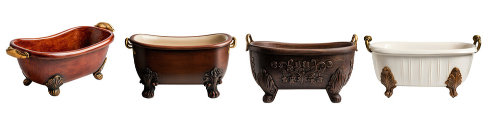 A collection of antique and ornate claw foot bathtubs in various classic styles featuring copper...