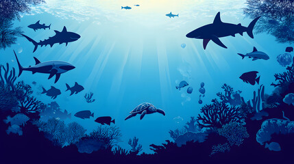 Fototapeta premium A vector illustration of silhouettes of sea creatures swimming in the ocean, including sharks and turtles 
