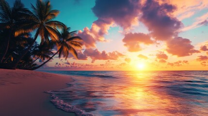 The sun sets over a tropical beach, with palm trees swaying against a vibrant sky.