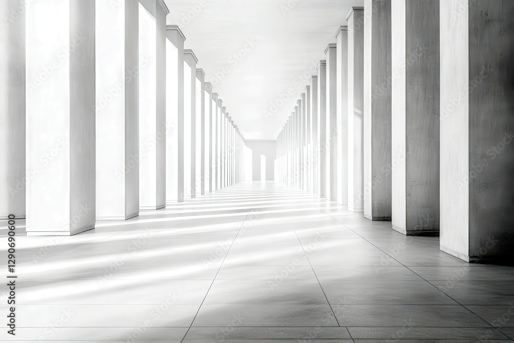 Poster abstract architectural space featuring bright light, minimalistic design, and white columns creating
