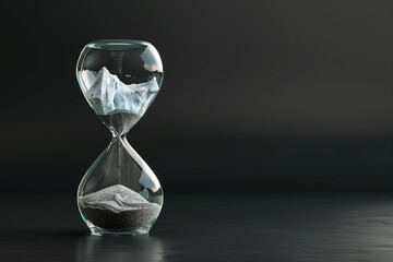 A hourglass with sand and ice cubes in it, melting of ice, climate change, and the lack of time to take action concept.