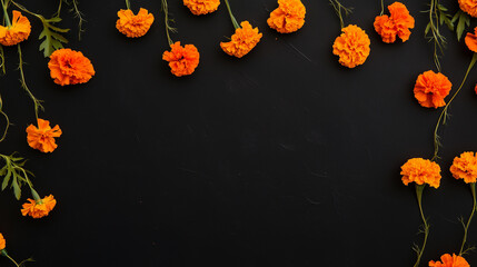 Marigold flowers Garlands on black. Dia de los muertos day, day of the dead or halloween background, copy space 