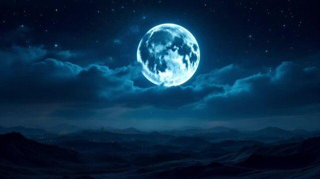 Night sky with full moon for background, concept of horror, Halloween, mystery and nature. Dramatic spooky clouds in moonlight from full moon. Dark gothic sky wallpaper.