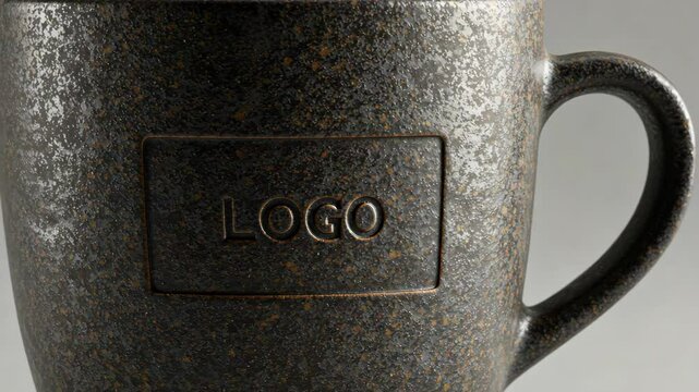 A close up of a textured ceramic mug featuring a logo