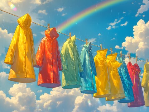 Colorful Clothes Drying on Clothesline Under Rainbow and Cloudy Sky
