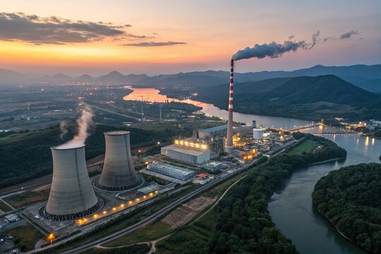 Majestic Aerial Panorama: A Nuclear Power Plant's Imposing Structure Against a Vast, Breathtaking Landscape. High-resolution image showcasing the complex infrastructure and environmental    