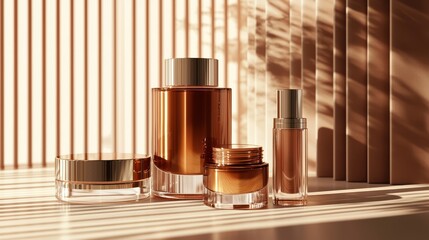 Fototapeta premium Inclusive cosmetics pattern on brown background. A collection of elegant skincare products displayed on a surface, illuminated by soft natural light creating beautiful shadows.