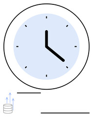 Large clock with blue face and black hands above a database stack with upward arrows. Ideal for time management, data transfer, productivity, backup planning, scheduling, technology, abstract line