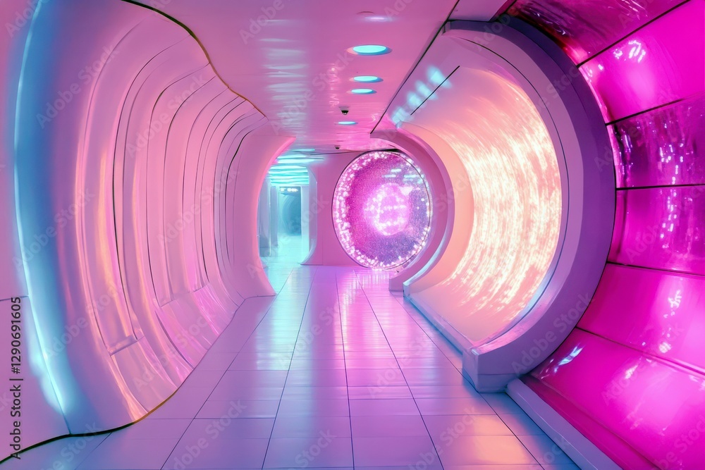 Poster futuristic corridor with vibrant neon lights and glowing round walls creating a mesmerizing visual e