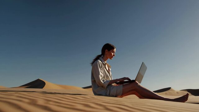Digital Nomad Working in Vast Desert Landscape: A Majestic and Timeless Wilderness