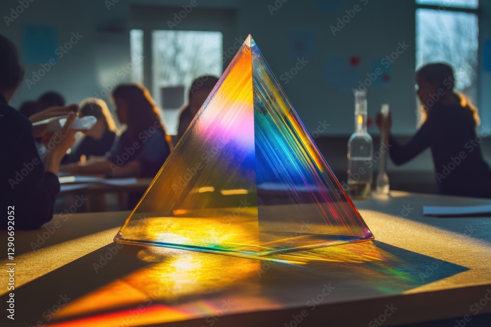 Poster light refracting through a prism creates colorful patterns in a classroom setting