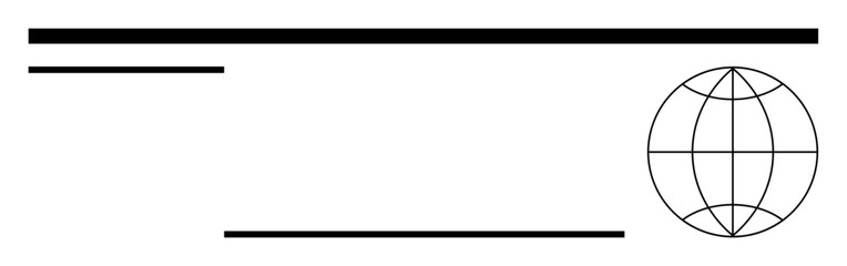 Globe outline with grid beside bold horizontal lines suggests global reach, communication, and modern aesthetics. Ideal for branding, web headers, info design, business, connectivity, education
