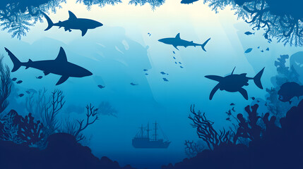 Obraz premium A vector illustration of silhouettes of sea creatures swimming in the ocean, including sharks and turtles 