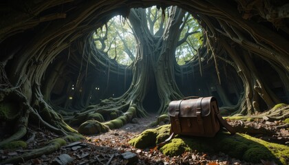 Fototapeta premium Enormous Tree Roots Enveloping Ancient Ruins A Leather Bag Rests on Mossy Ground Mysterious Forest Scene