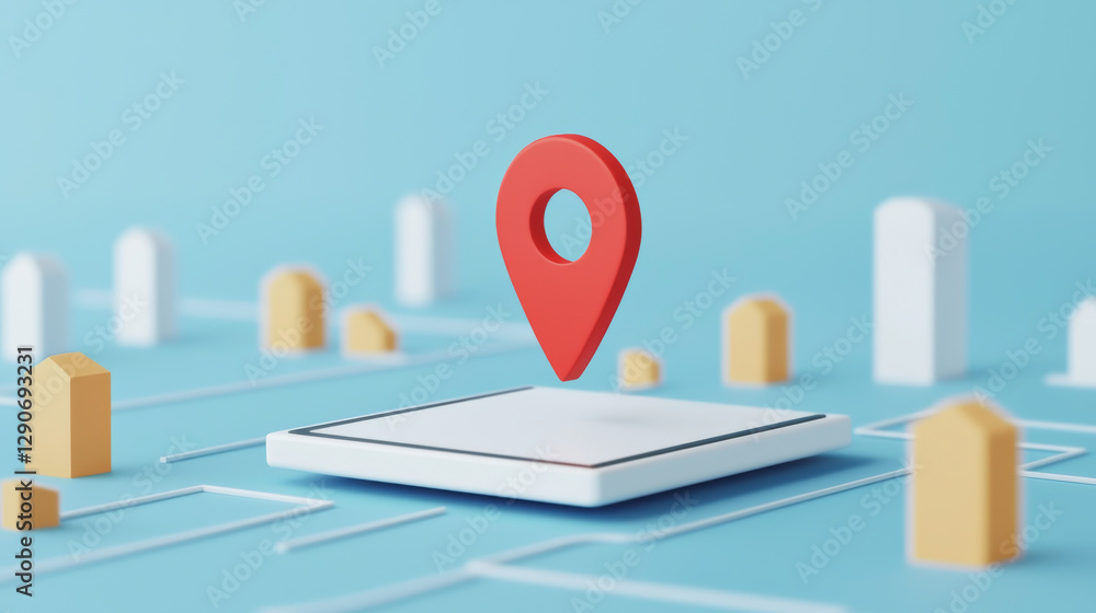 Fototapete 3d rendering of a location marker on a map with abstract buildings in the background.