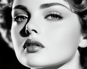 Fototapeta premium A stunning black and white portrait of a woman with captivating features and expressive eyes showcasing classic beauty.