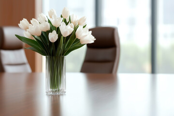 Fototapeta premium A beautiful arrangement of white tulips in a modern office setting enhancing the decor.
