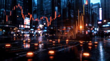 Fototapeta premium Vibrant city street illuminated by colorful lights at night creating a lively and energetic urban atmosphere