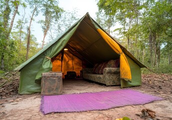 Cozy Camping Tent with Sofa and Rug in Serene Forest Setting