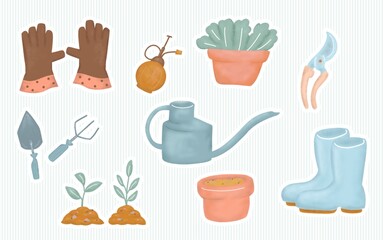 Gardening hobby drawing. Digital prints plants and gardens cartoon sticker. Gloves, boots, and lettuce in garden