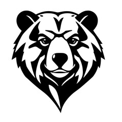 Bold black and white illustration of a bear's head, front-facing, with a stern expression, clean lines and stylized style.