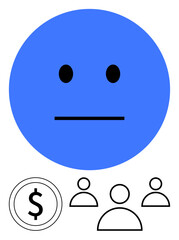 Blue neutral face above a dollar sign and three people icons indicating financial decisions, team collaboration, or emotional detachment. Ideal for finance, teamwork, emotions, business concepts