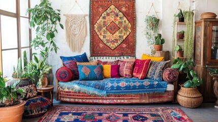 Bohemian Living Room Interior Design with vibrant colors and textiles