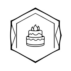 Black and White illustration of a cake, framed by a hexagon, in a clean style.