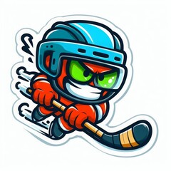Cartoon hockey player with helmet and stick, aggressive and energetic illustration