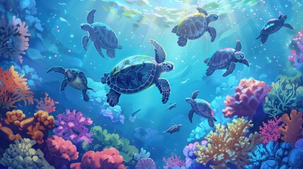Fototapeta premium Enchanted Ocean: A Symphony of Sea Turtles and Coral